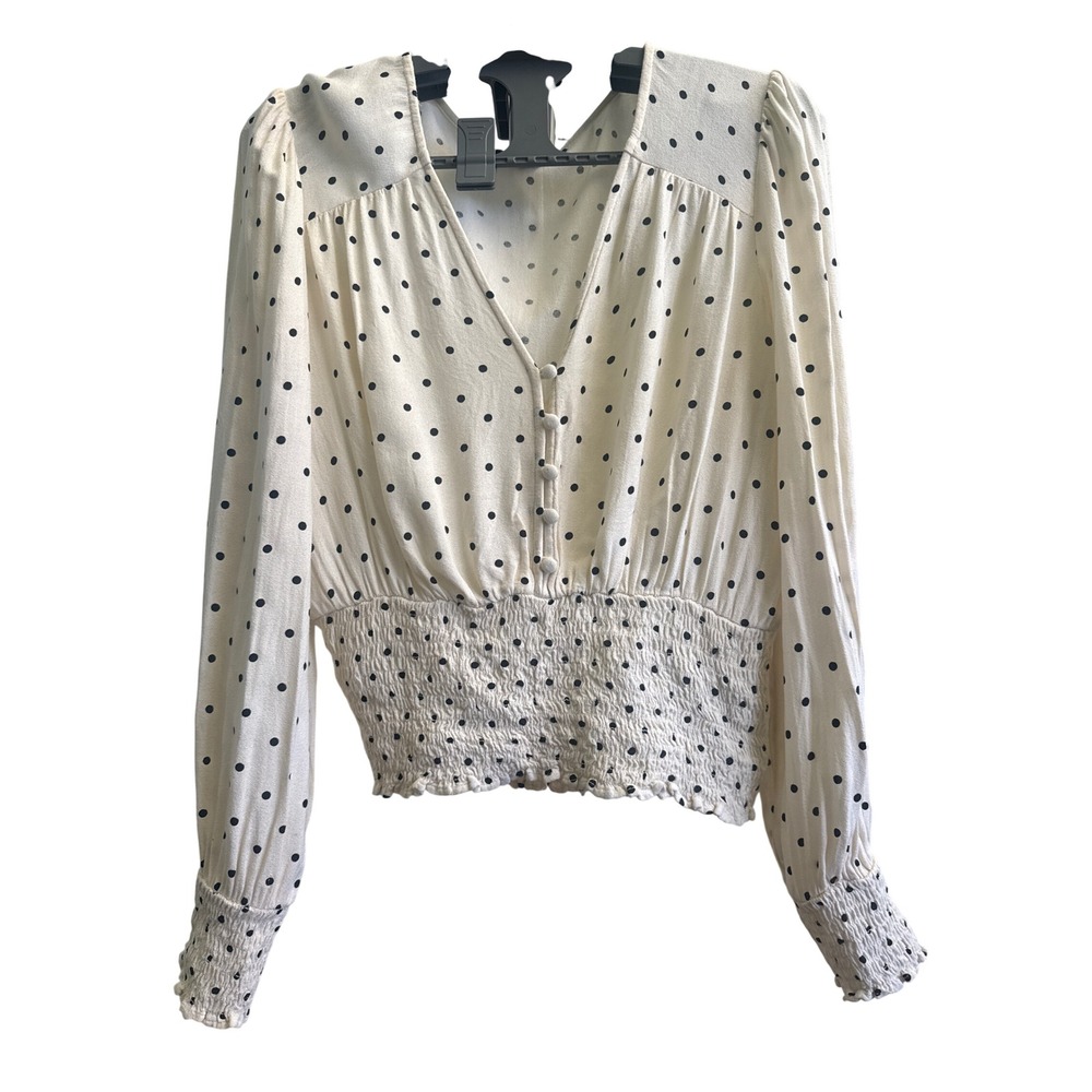 American Eagle Women Cream Polka Dot Smocked Waist V-Neck Peplum Blouse Size S